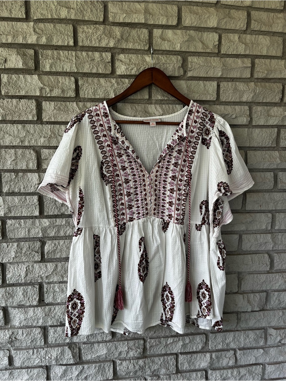 Knox Rose Off White Boho Embroidered Tassel Blouse Size XXL
